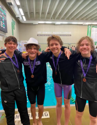 Lakers pose wearing their medals at the end of last season in March 2023. Right to Left: Gus Rudnick, Ethan Jacobson, Ethan Holm, and Jackson Jaglo.
